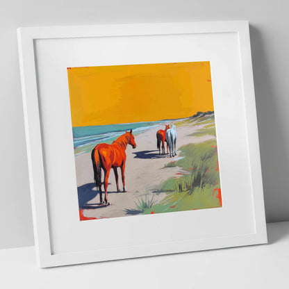 Golden Sands Companions horse landscape art print in white frame