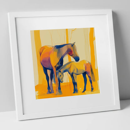 Saffron Mare and Foal horse landscape art print in white frame