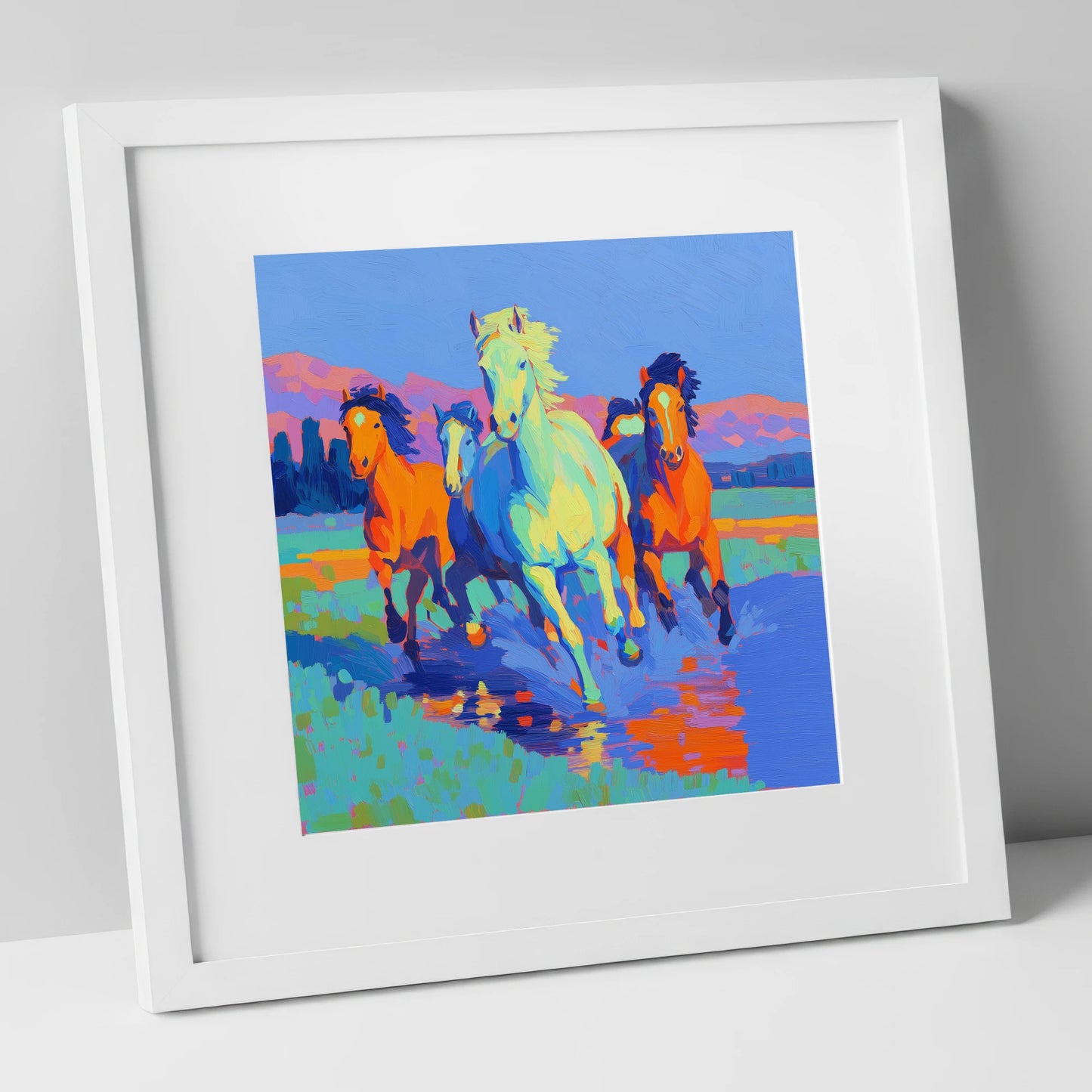 The Vivid Gallop wild horses art print in white frame