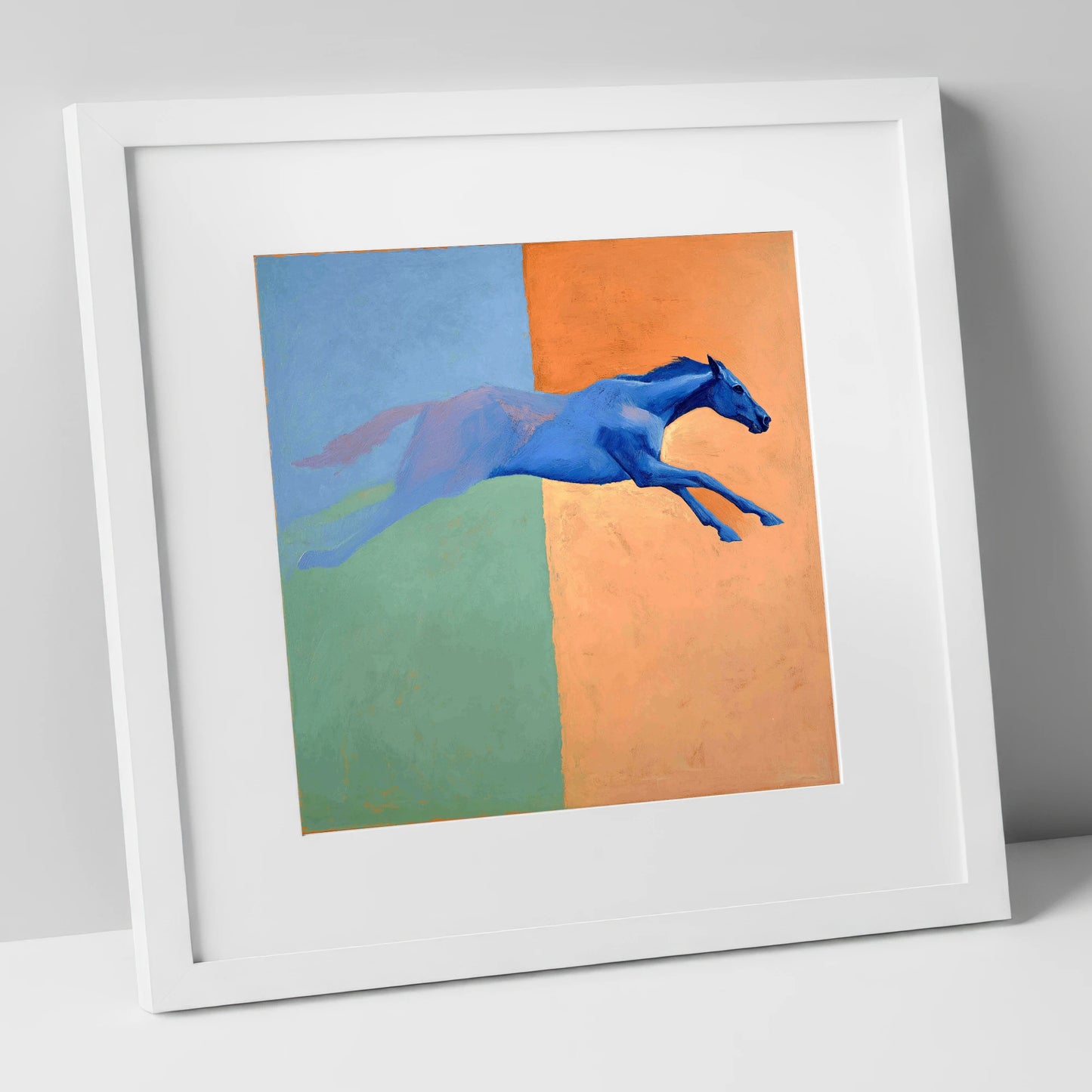 Cobalt Stretch racing horse art print in white frame