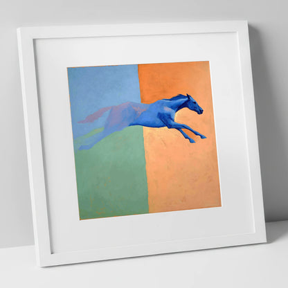 Cobalt Stretch racing horse art print in white frame