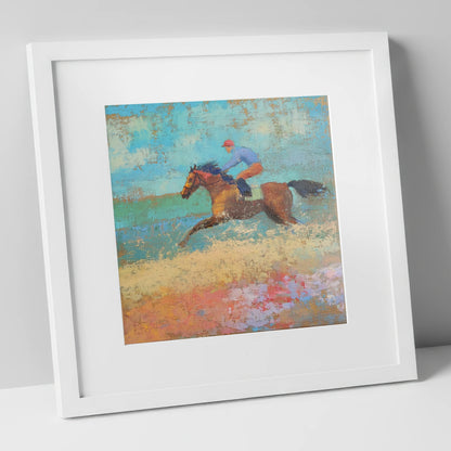 The Coastal Gallop racing horse art print in white frame