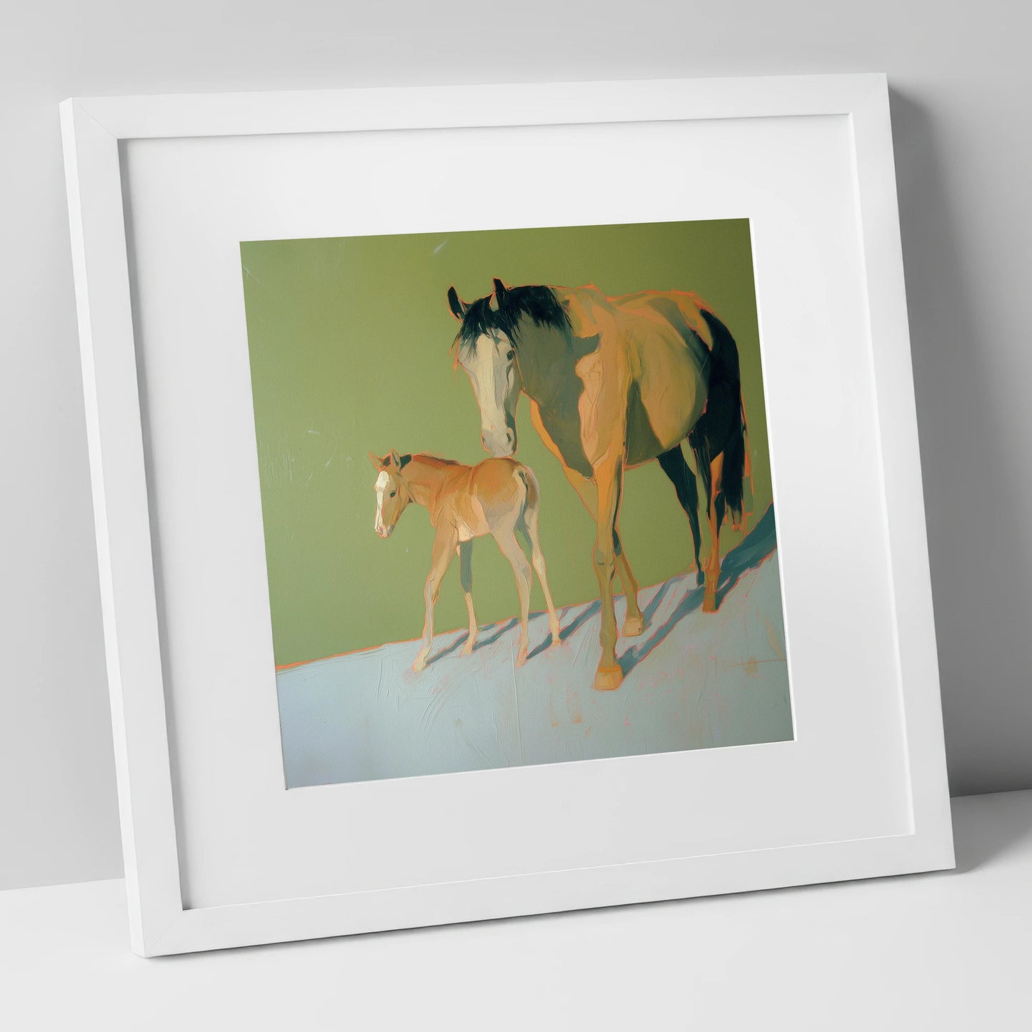 Sunlit Bonds mare & foal art print in white frame