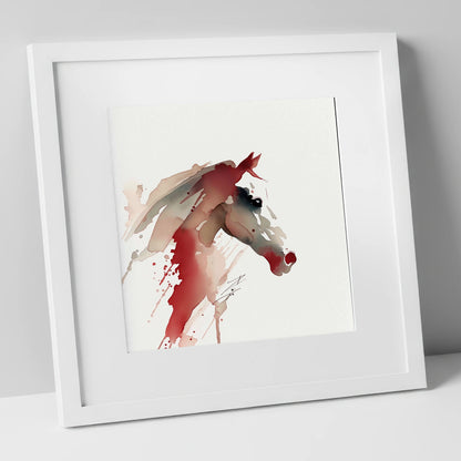 Crimson Momentum racing horse art print in white frame