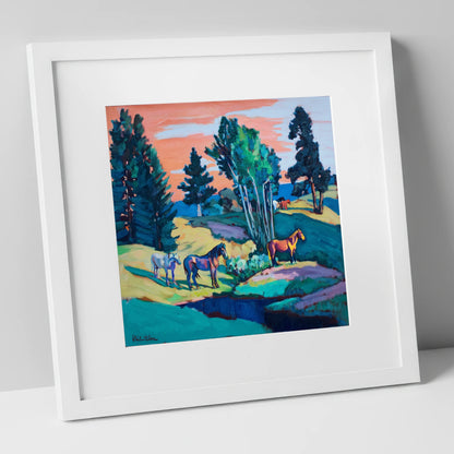 Vibrant Summer Pastures horse landscape art print in white frame
