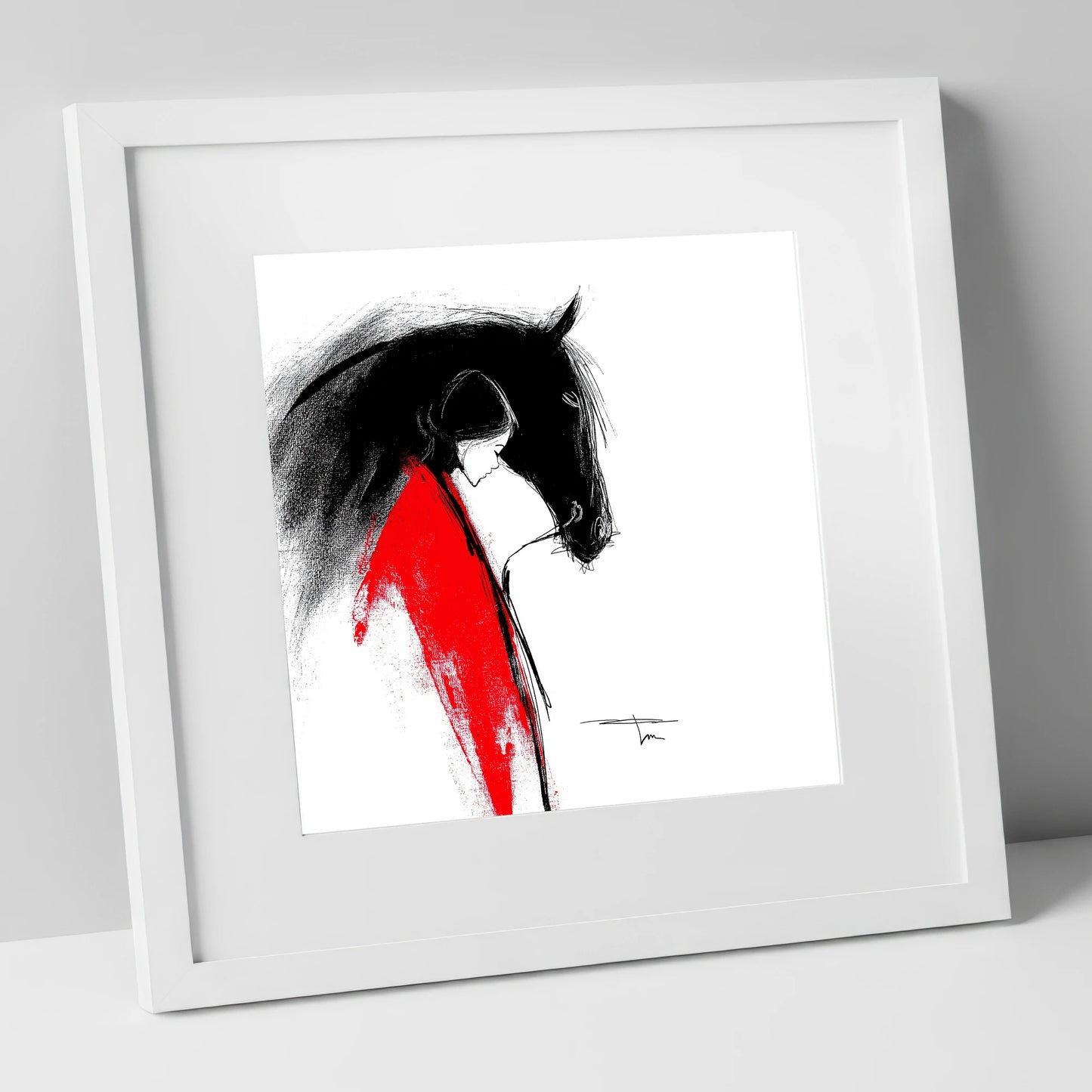 Crimson Connection horse & rider art print in white frame