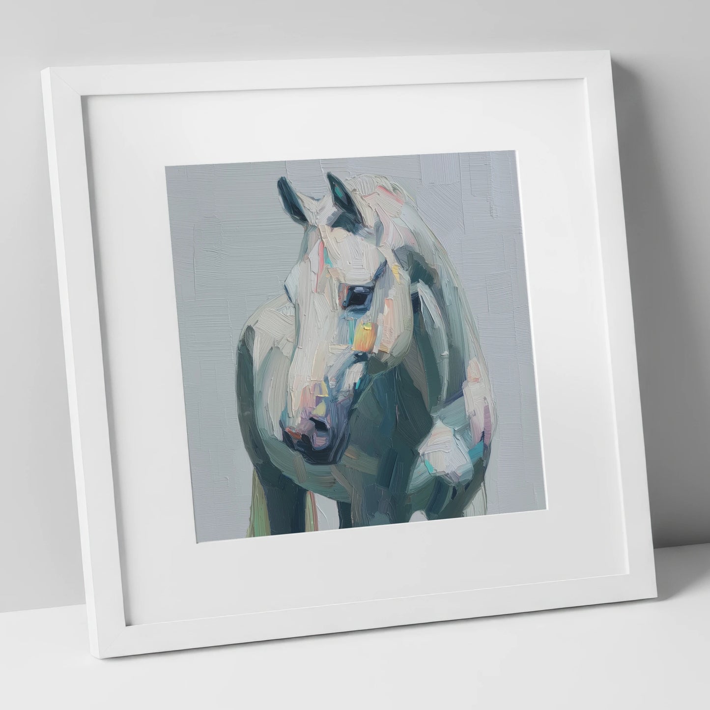 The Textured Grey horse breed art print in white frame