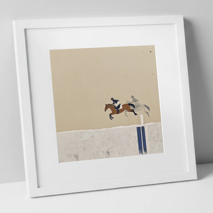 Suspended in Flight show jumping horse art print in white frame