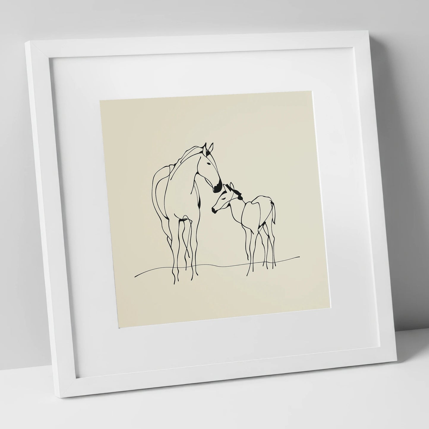 Quiet Maternal Bond mare & foal art print in white frame
