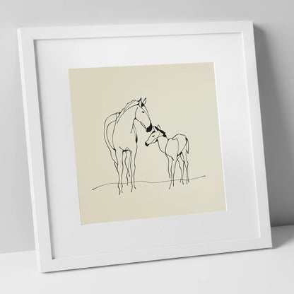 Quiet Maternal Bond mare & foal art print in white frame