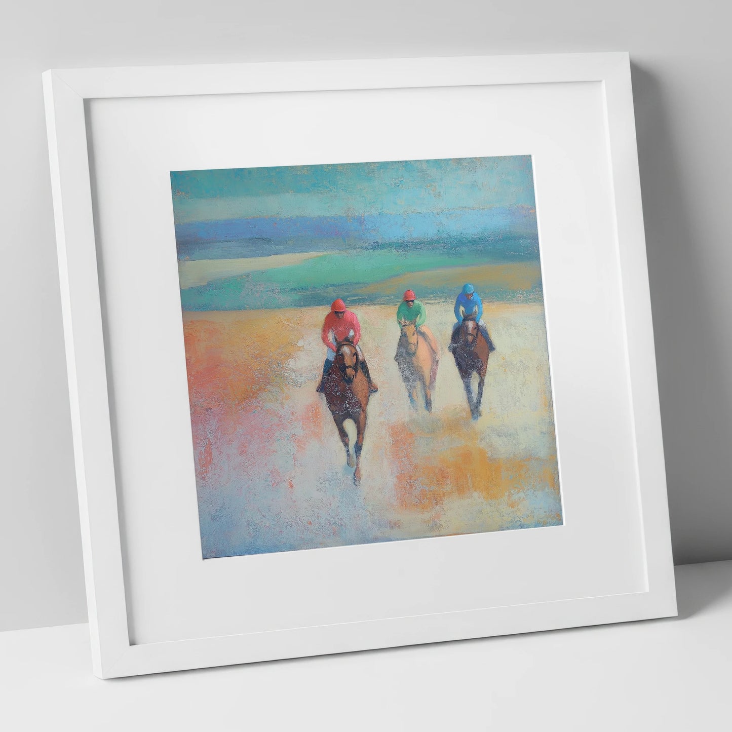 Dawn on the Gallops racing horse art print in white frame