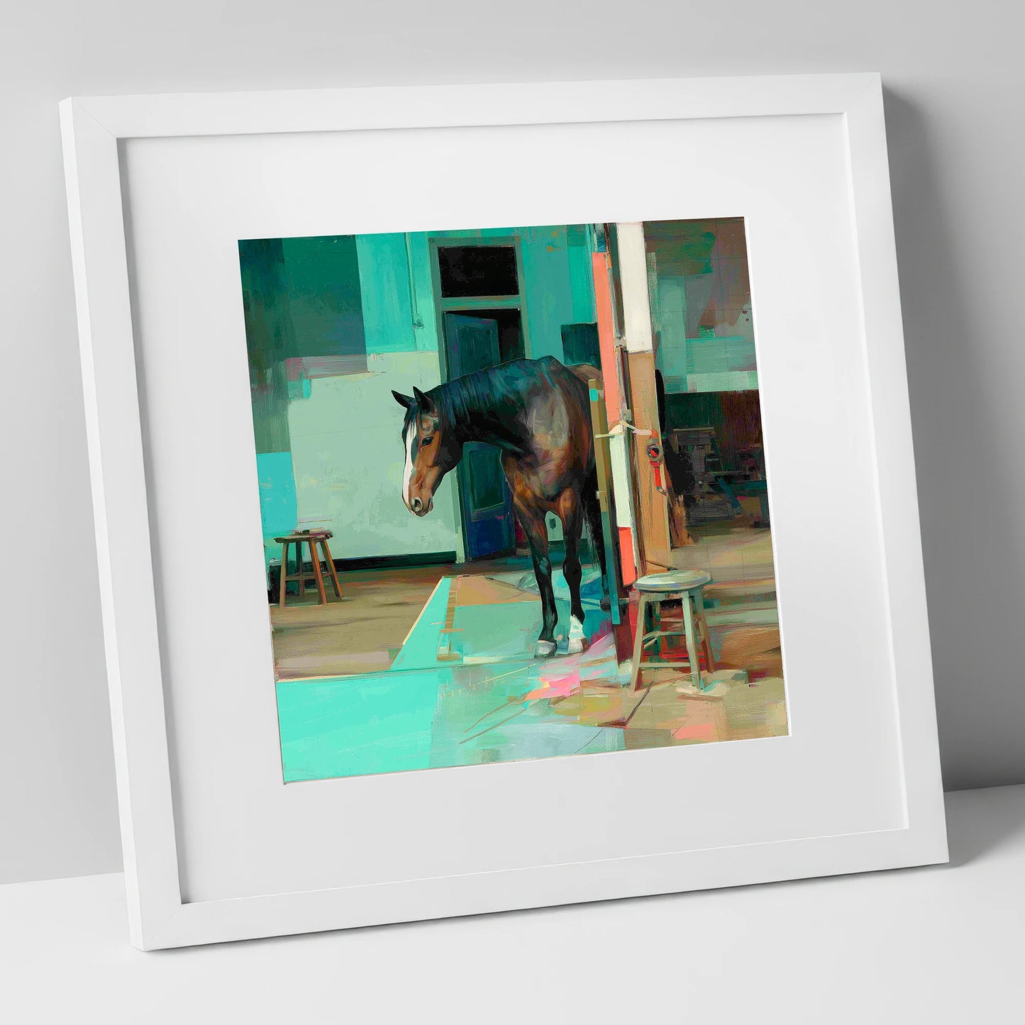 Quiet Yard in Teal horse stable art print in white frame