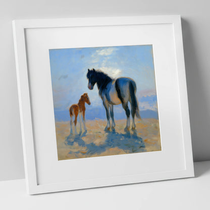 Cerulean Morning Light mare & foal art print in white frame