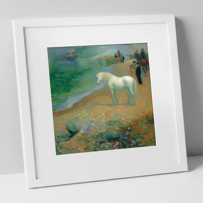 Luminous Shoreline Solitude horse landscape art print in white frame