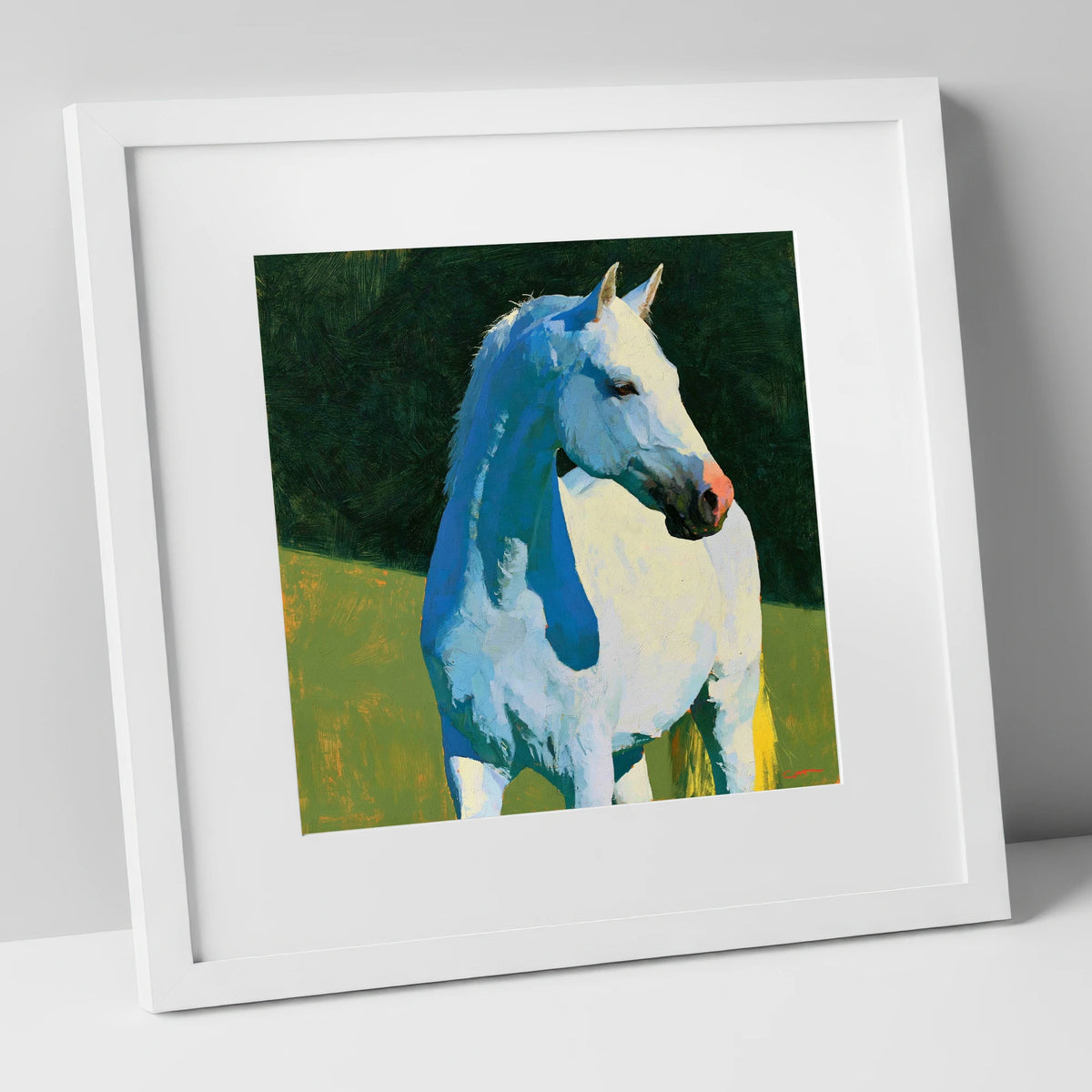 Grey Horse with Blue Shadows horse breed art print in white frame