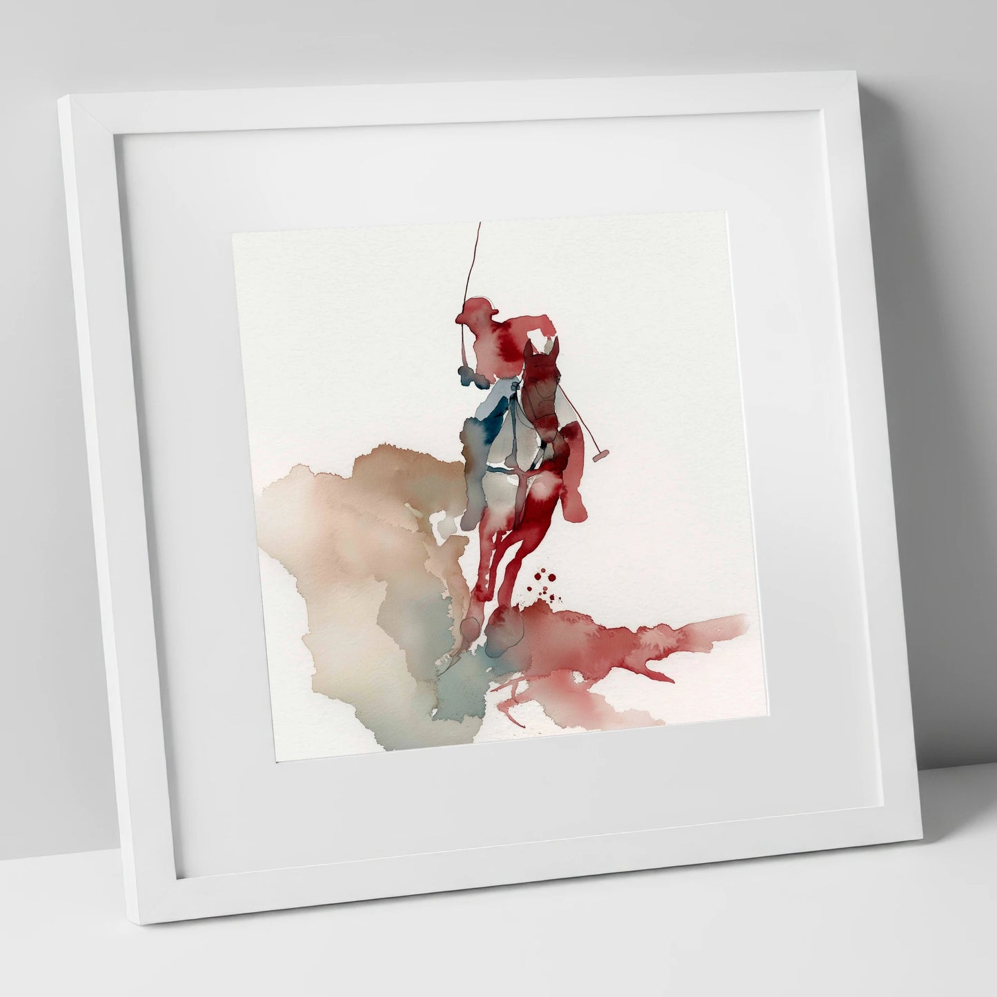 Crimson Chukka Strike polo horse art print in white frame