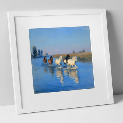Through the Cerulean Shallows wild horses art print in white frame