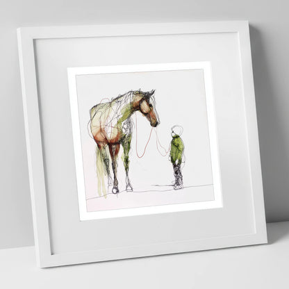 Quiet Connection horse & rider art print in white frame