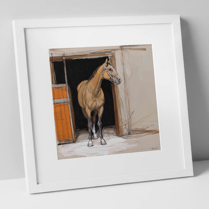 Morning Watch horse stable art print in white frame