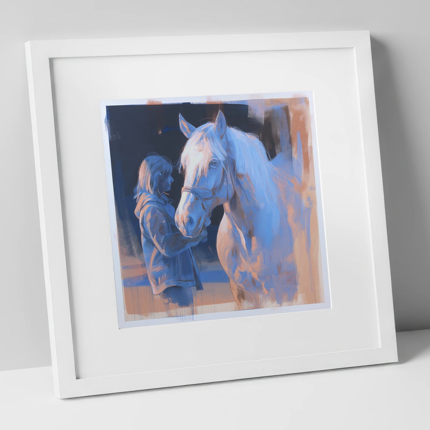 The Cobalt Bond horse & rider art print in white frame