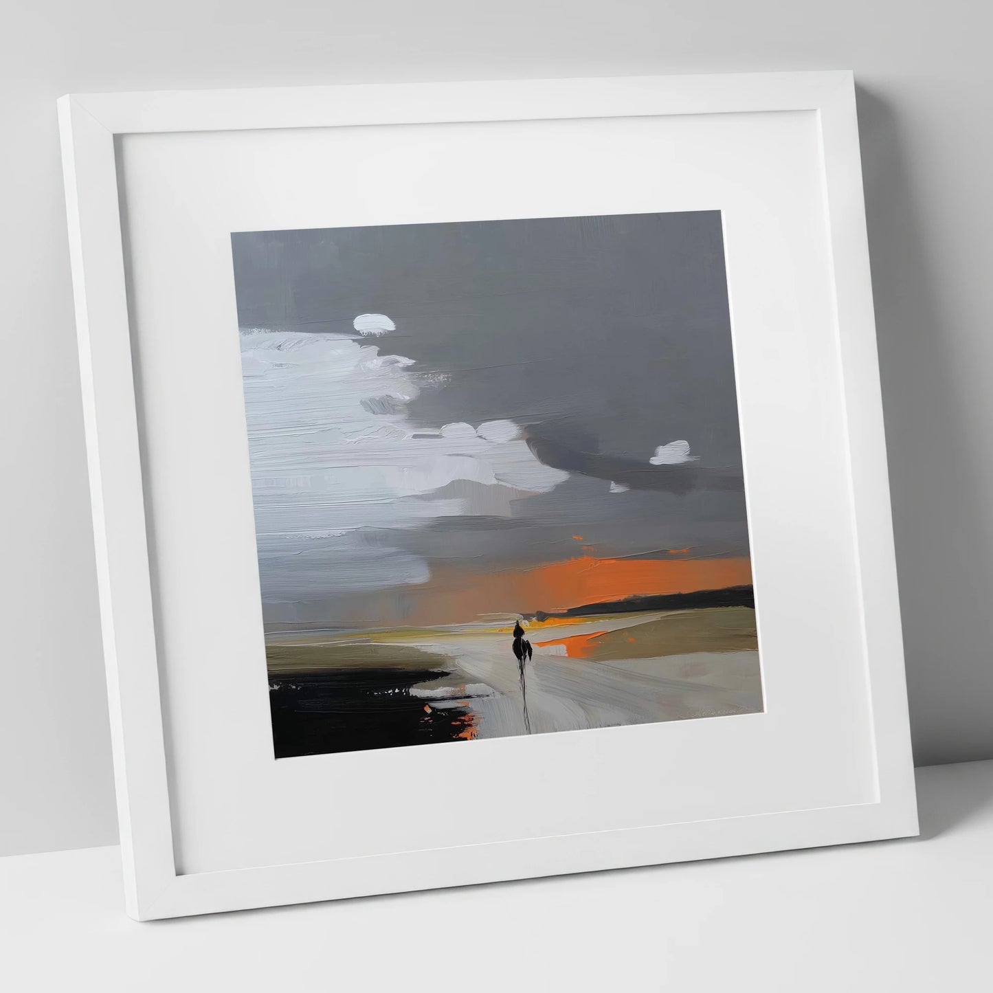 Into the Amber Dusk horse landscape art print in white frame