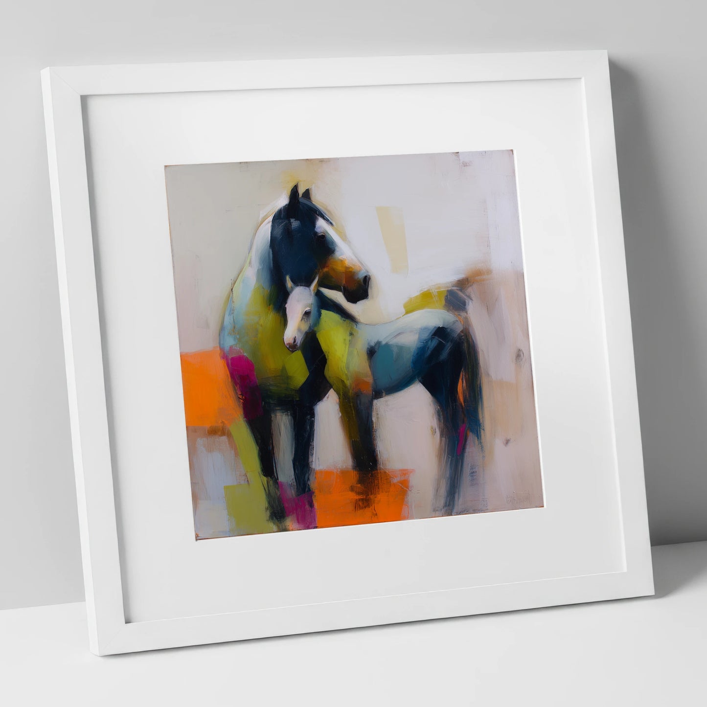 Vibrant Mare and Foal mare & foal art print in white frame