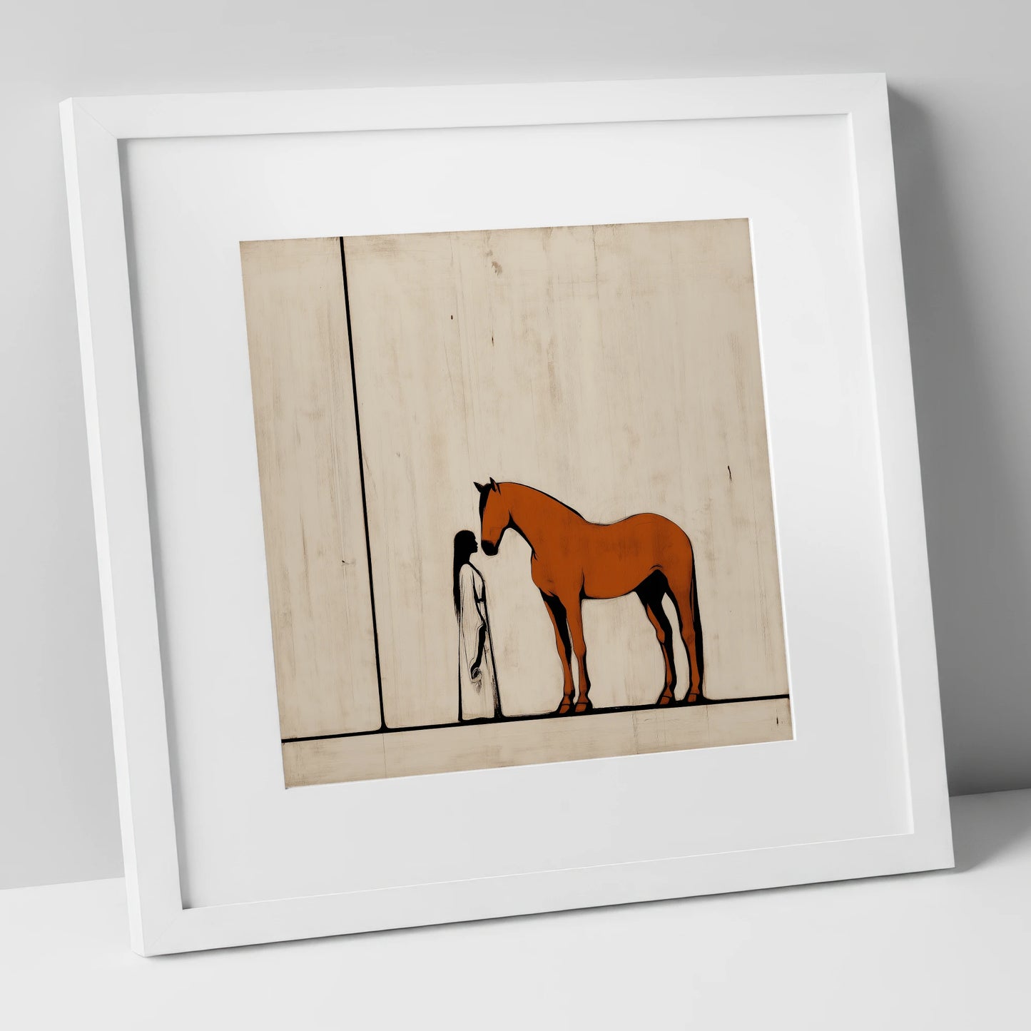 Shared Silence horse & rider art print in white frame