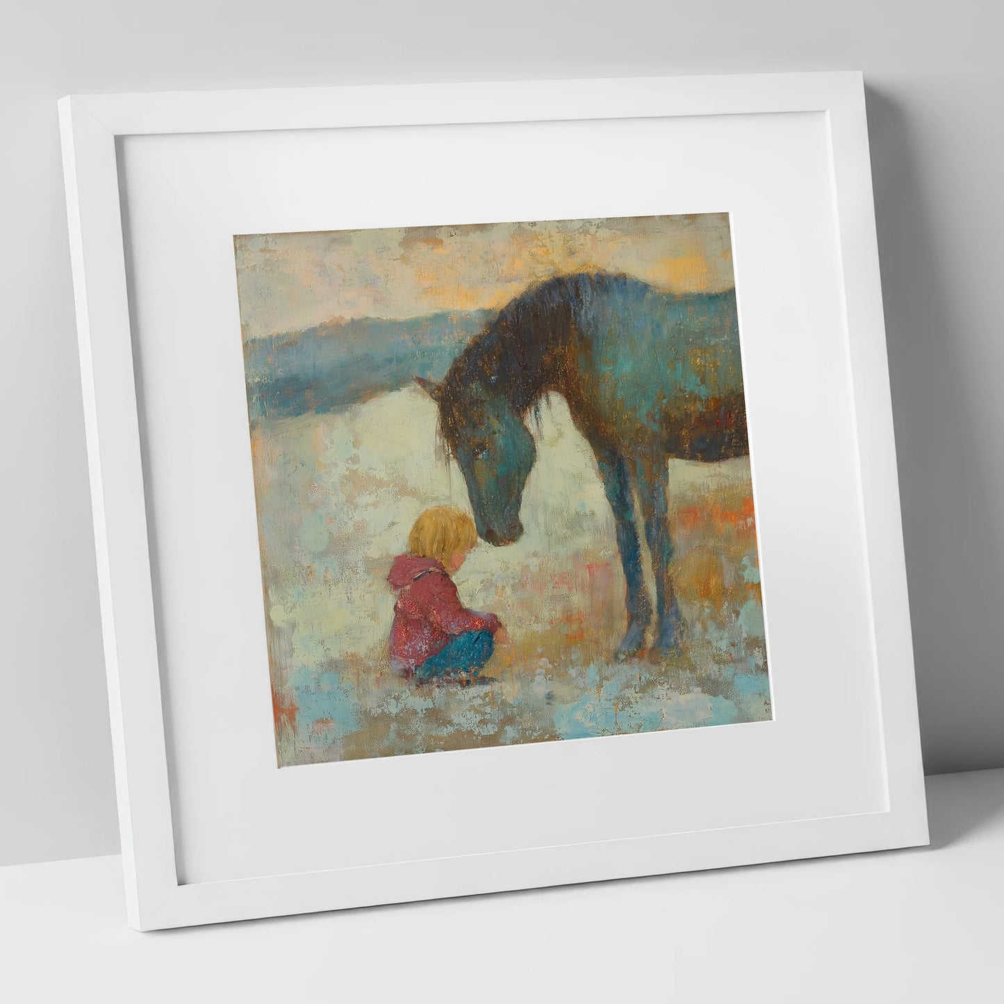 A Quiet Understanding horse & rider art print in white frame
