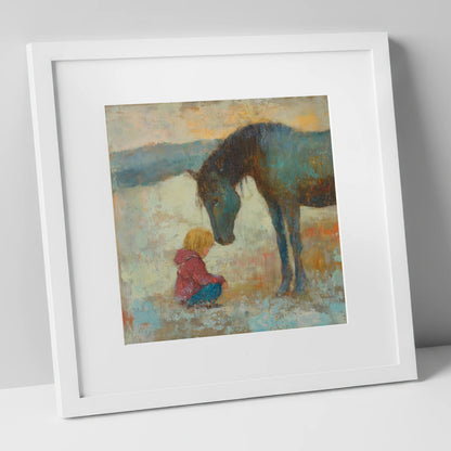 A Quiet Understanding horse & rider art print in white frame