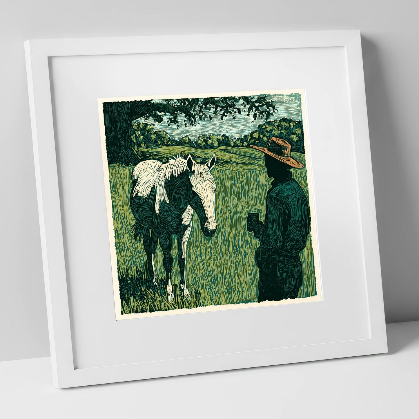 Morning Field Companion horse & rider art print in white frame