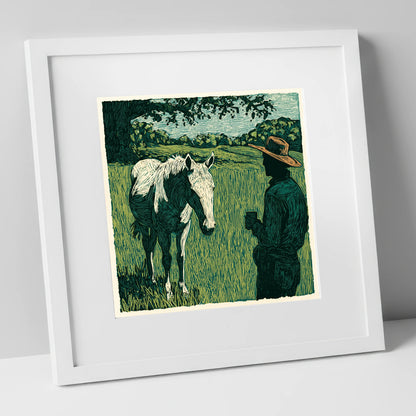 Morning Field Companion horse & rider art print in white frame