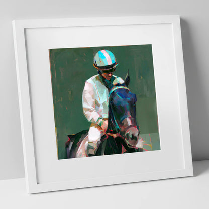 Pre-Race Focus racing horse art print in white frame
