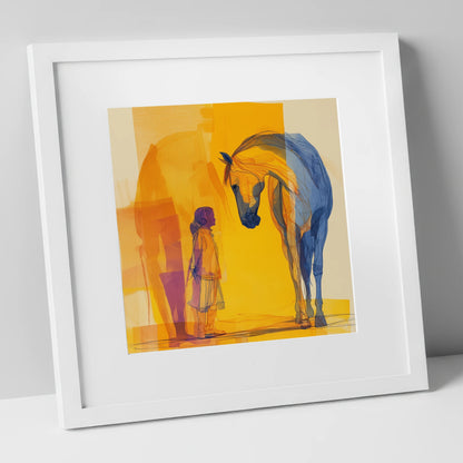 A Silent Understanding horse & rider art print in white frame