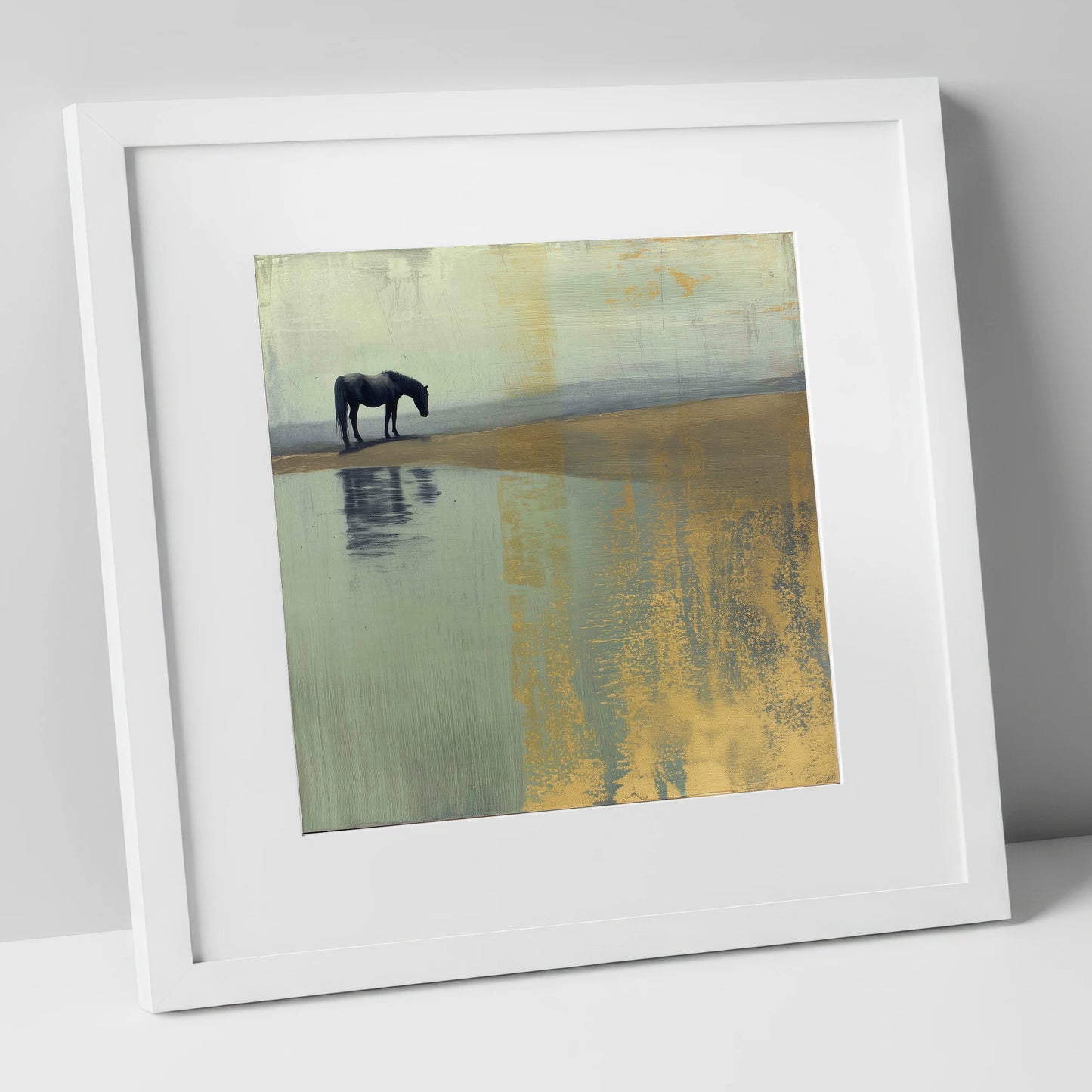 Gilded Solitude horse landscape art print in white frame