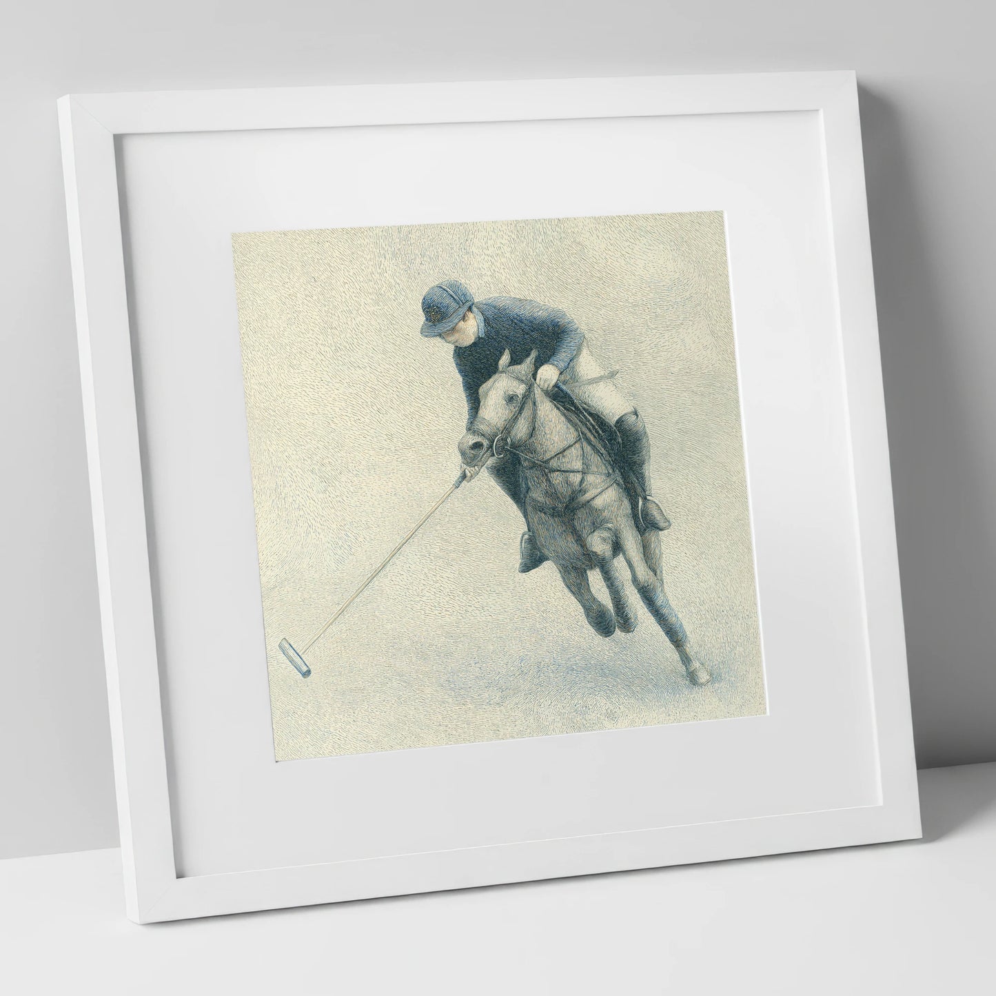 The Polo Stroke polo horse art print in white frame