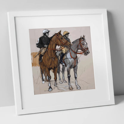 Waiting for the Off racing horse art print in white frame