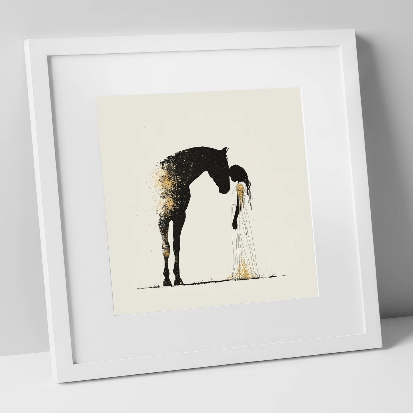 Golden Connection horse & rider art print in white frame