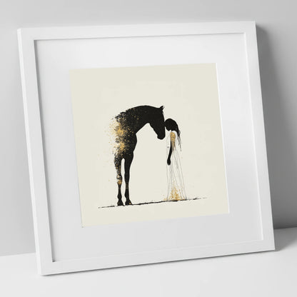 Golden Connection horse & rider art print in white frame