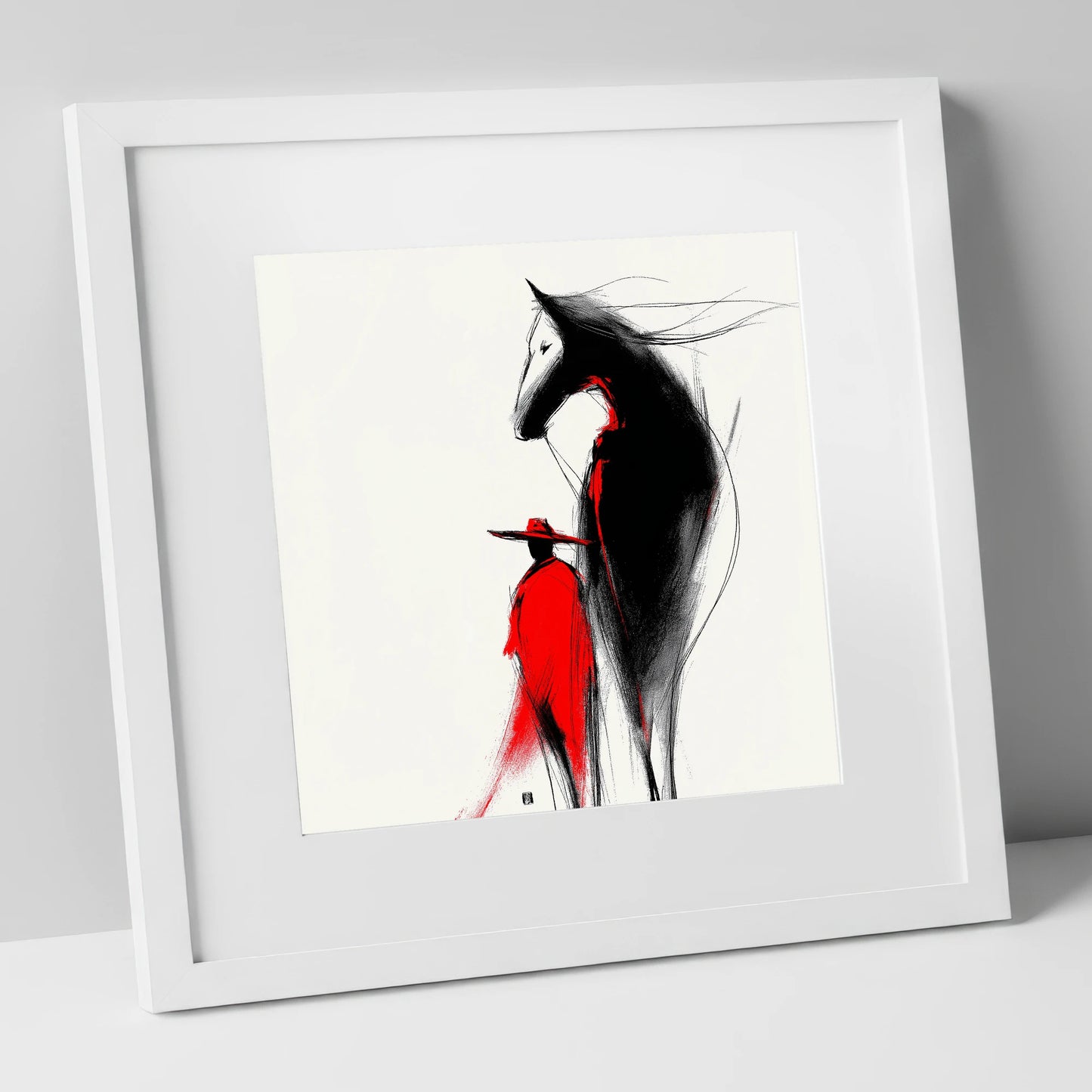 Crimson Rider Silhouette western horse art print in white frame