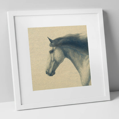 The Slate Blue Stallion horse breed art print in white frame