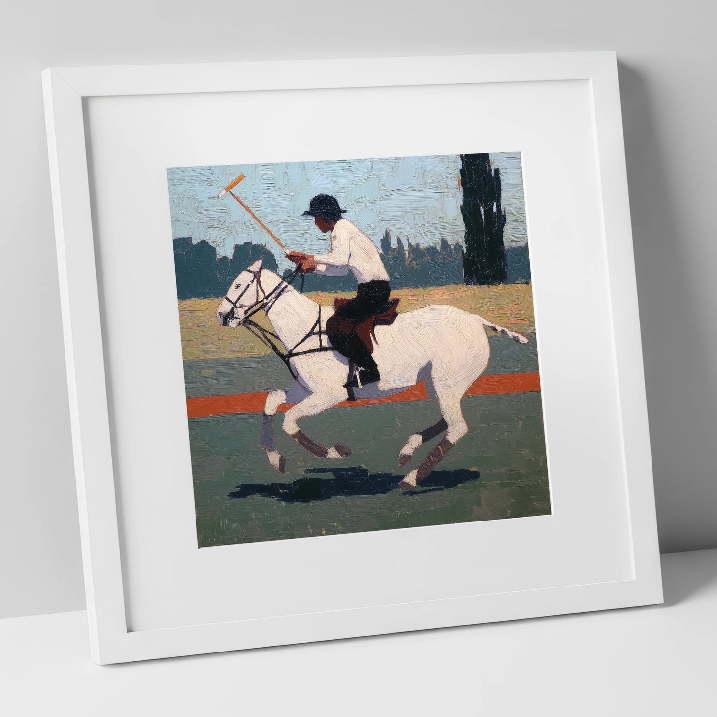 The Decisive Swing polo horse art print in white frame