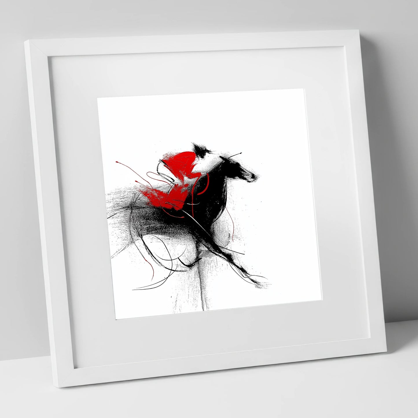 Crimson Sprint racing horse art print in white frame