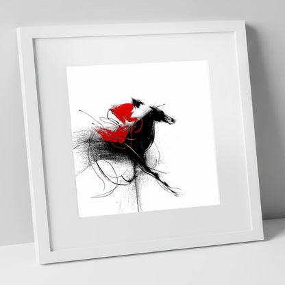 Crimson Sprint racing horse art print in white frame