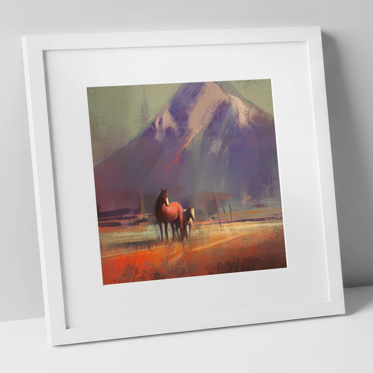 Amber Mountain Pastures horse landscape art print in white frame