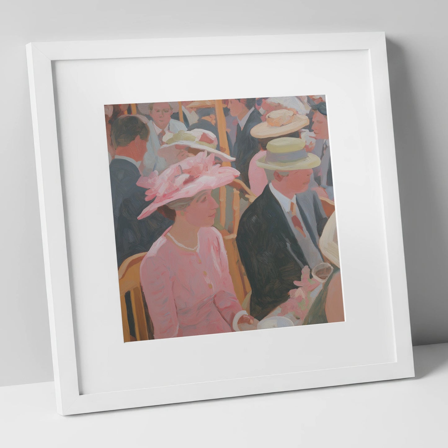 Summer Meet Elegance racing horse art print in white frame