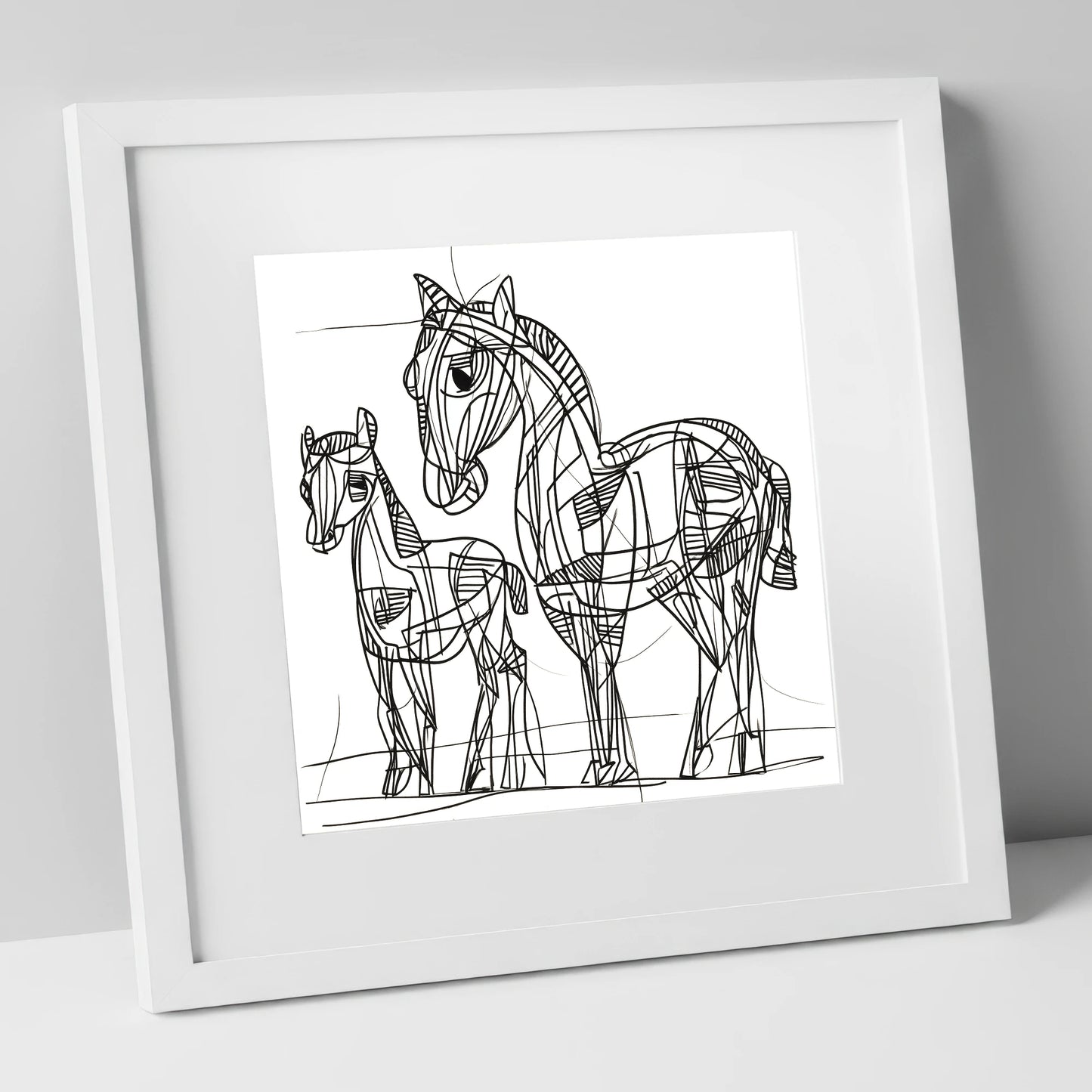 Linear Equine Bond mare & foal art print in white frame