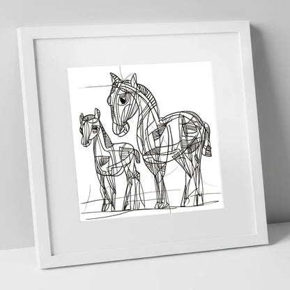 Linear Equine Bond mare & foal art print in white frame