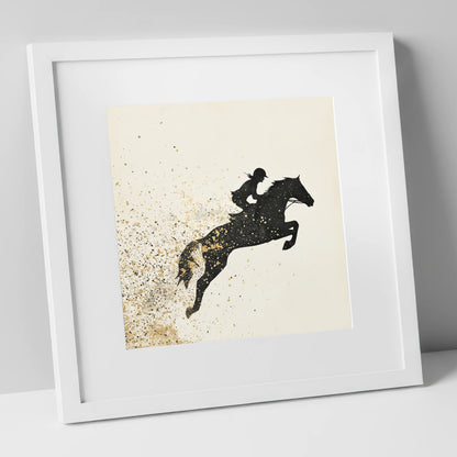 Airborne in Gold show jumping horse art print in white frame