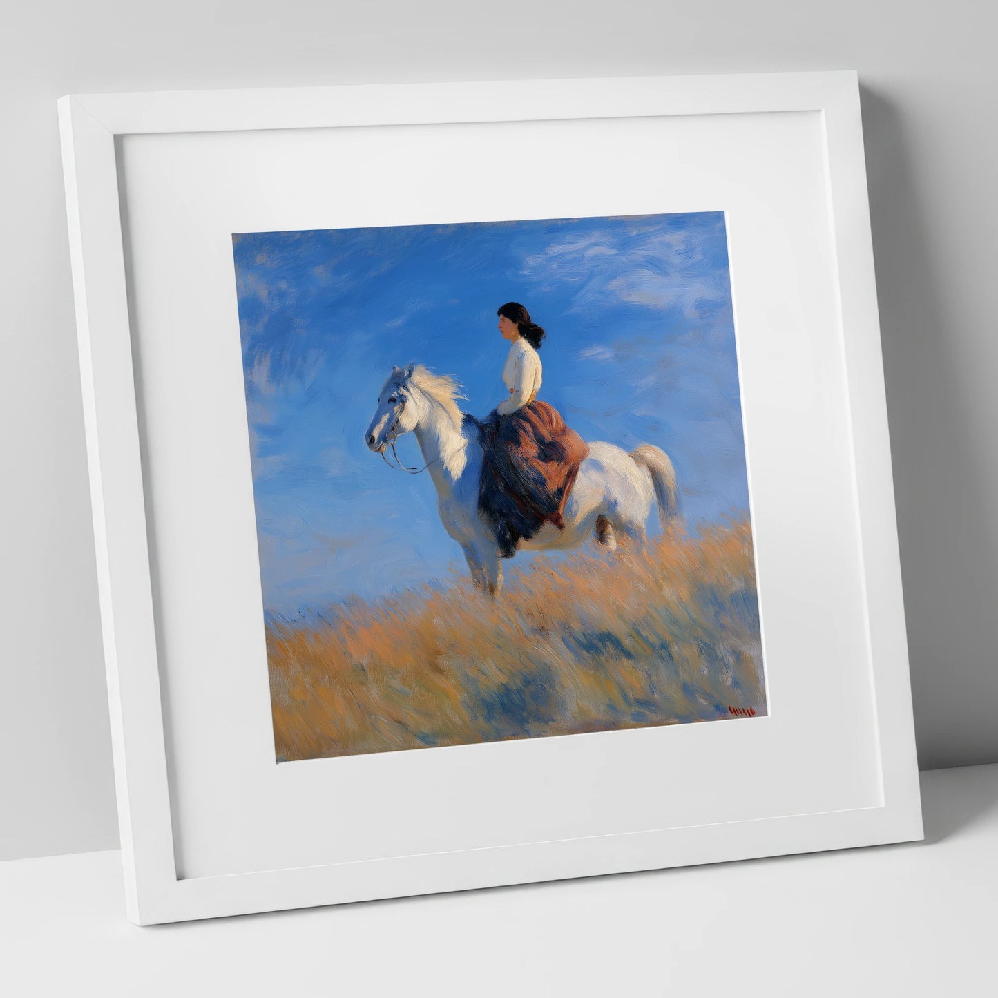 Across the Golden Fields horse & rider art print in white frame