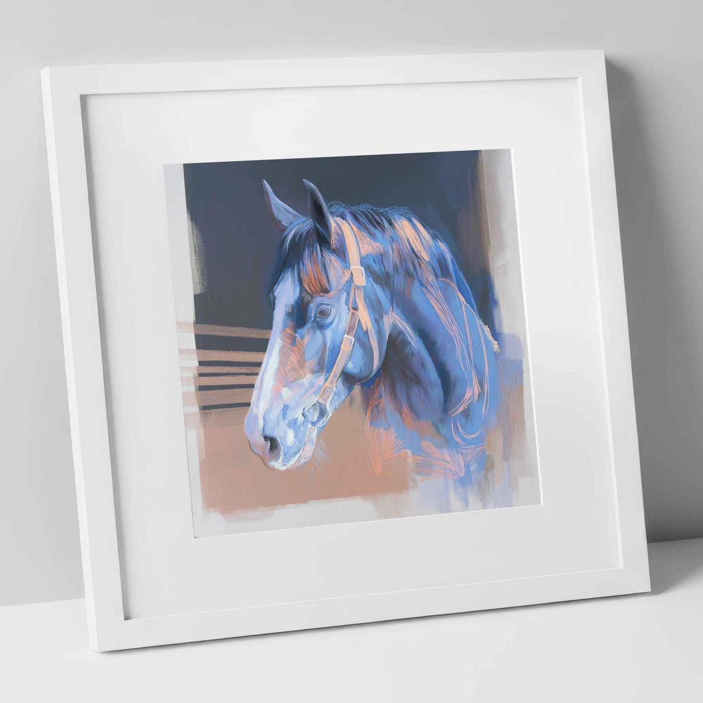 Serene Blue Profile horse portrait art print in white frame